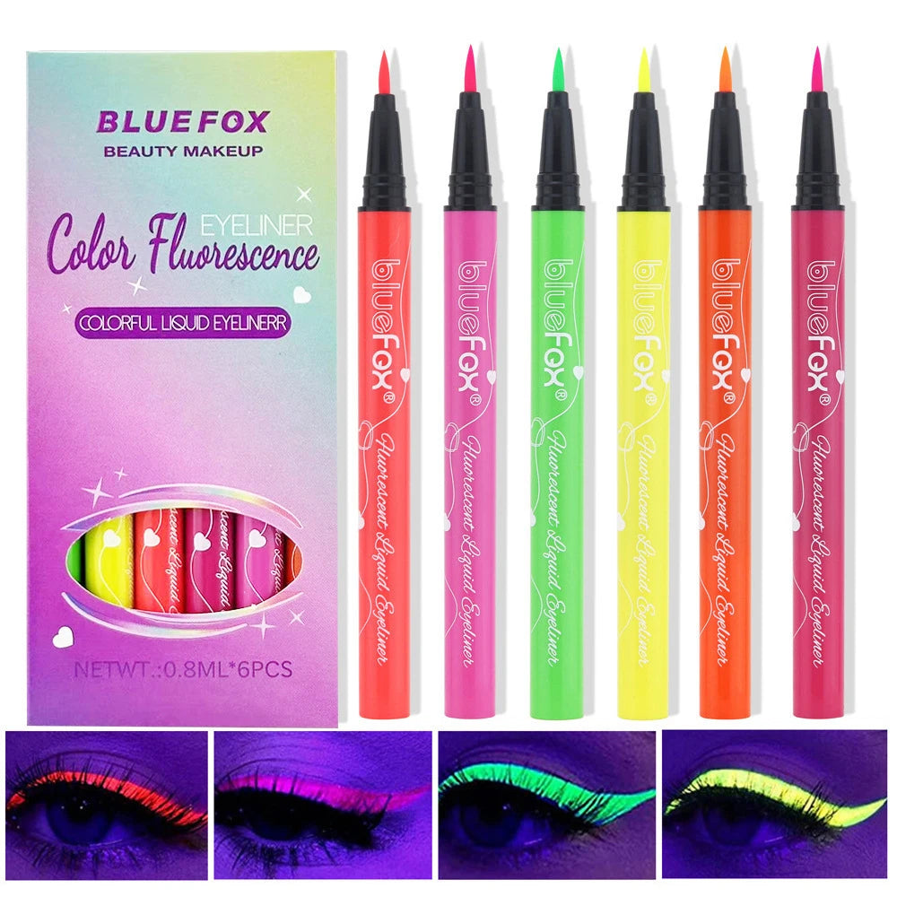 6Pcs Neon Fluorescent UV Glow Eyeliner, Waterproof Long Lasting Colorful Liquid Eye Liner, Rave Party Halloween Makeup Tools