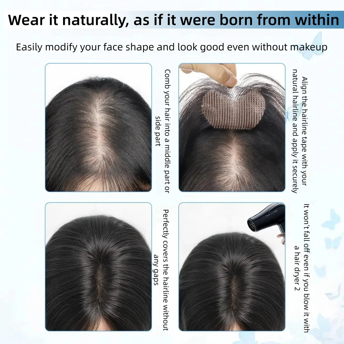 Invisible Human Hair Topper With Bangs Magic Tape Design Handmade Forehead Hairline Lace No Clips Bangs New Style