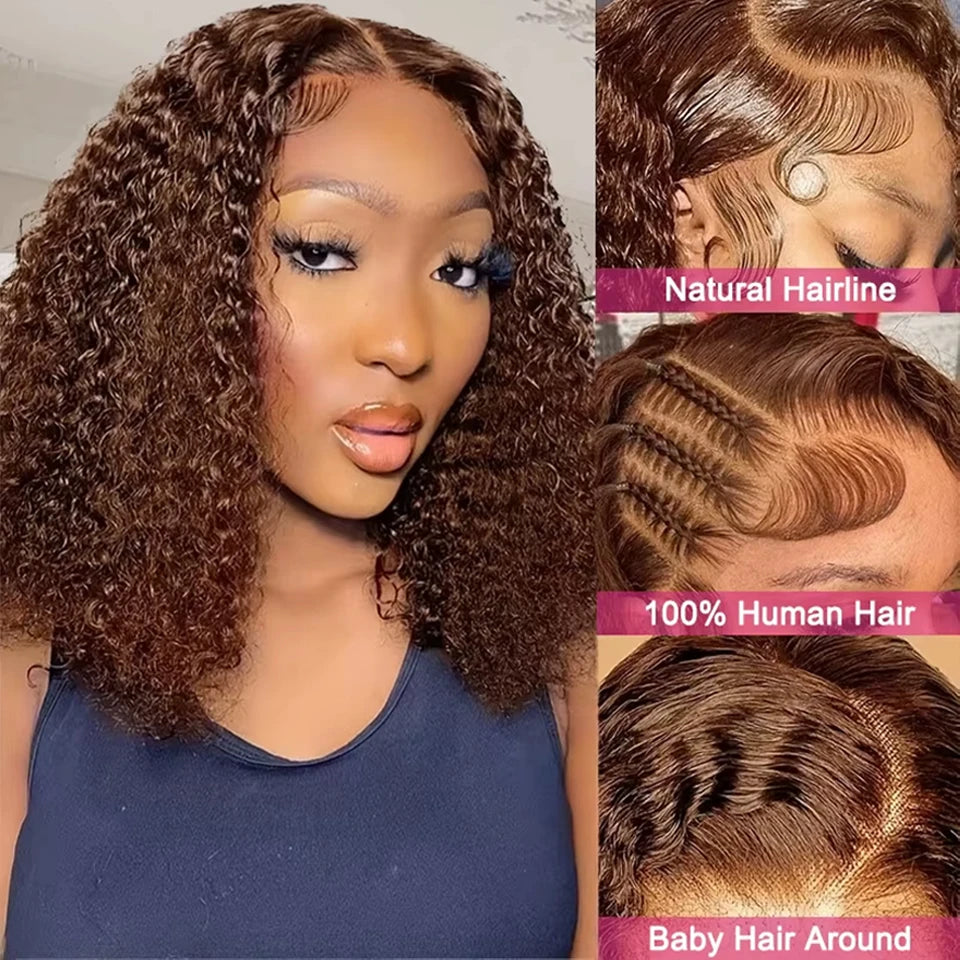 Short Bob Wig 13x4 Lace Front Wig Chocolate Dark Brown 100% Human Hair Deep Curly Wave Bob Wig HD Lace Wig 200 Density For Women
