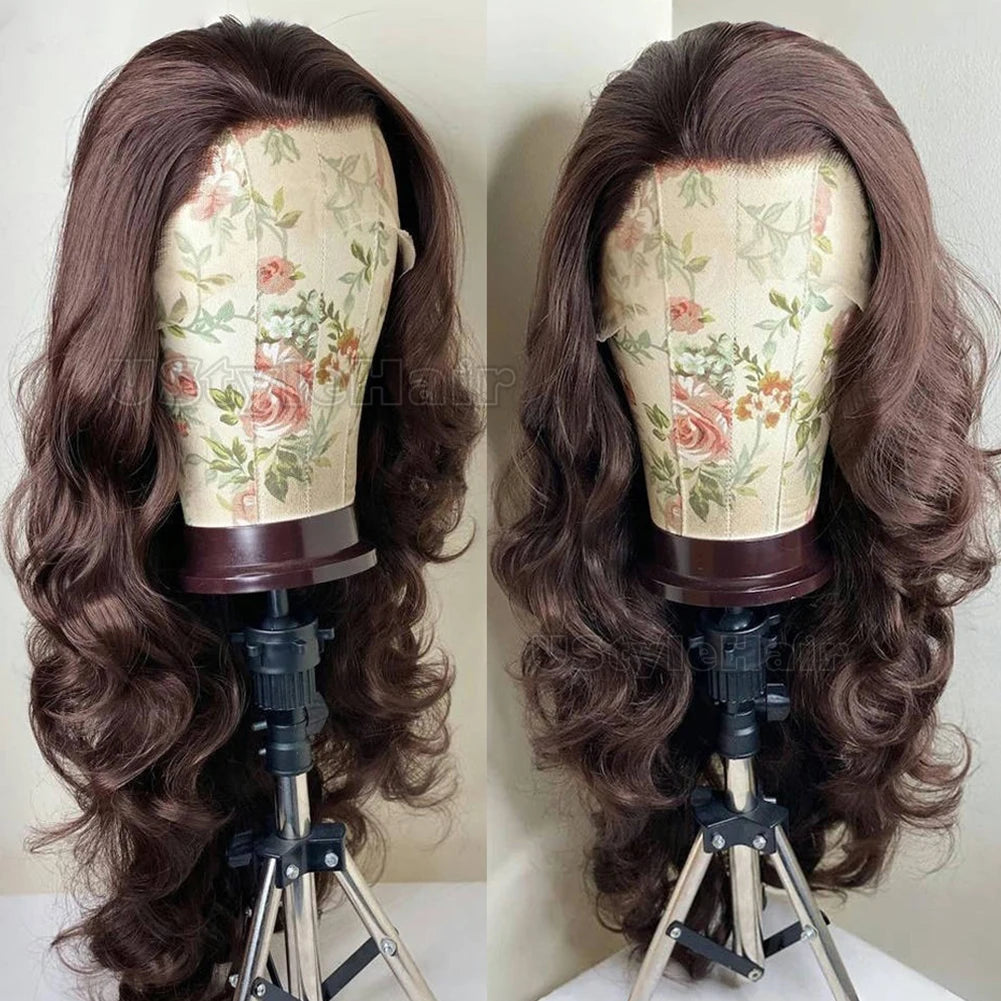 Brown Long Body Wave Wig 13x4 Lace Front Wigs for Women Heat Resistant Synthetic Hair Glueless Natural Hairline Wigs Daily Use