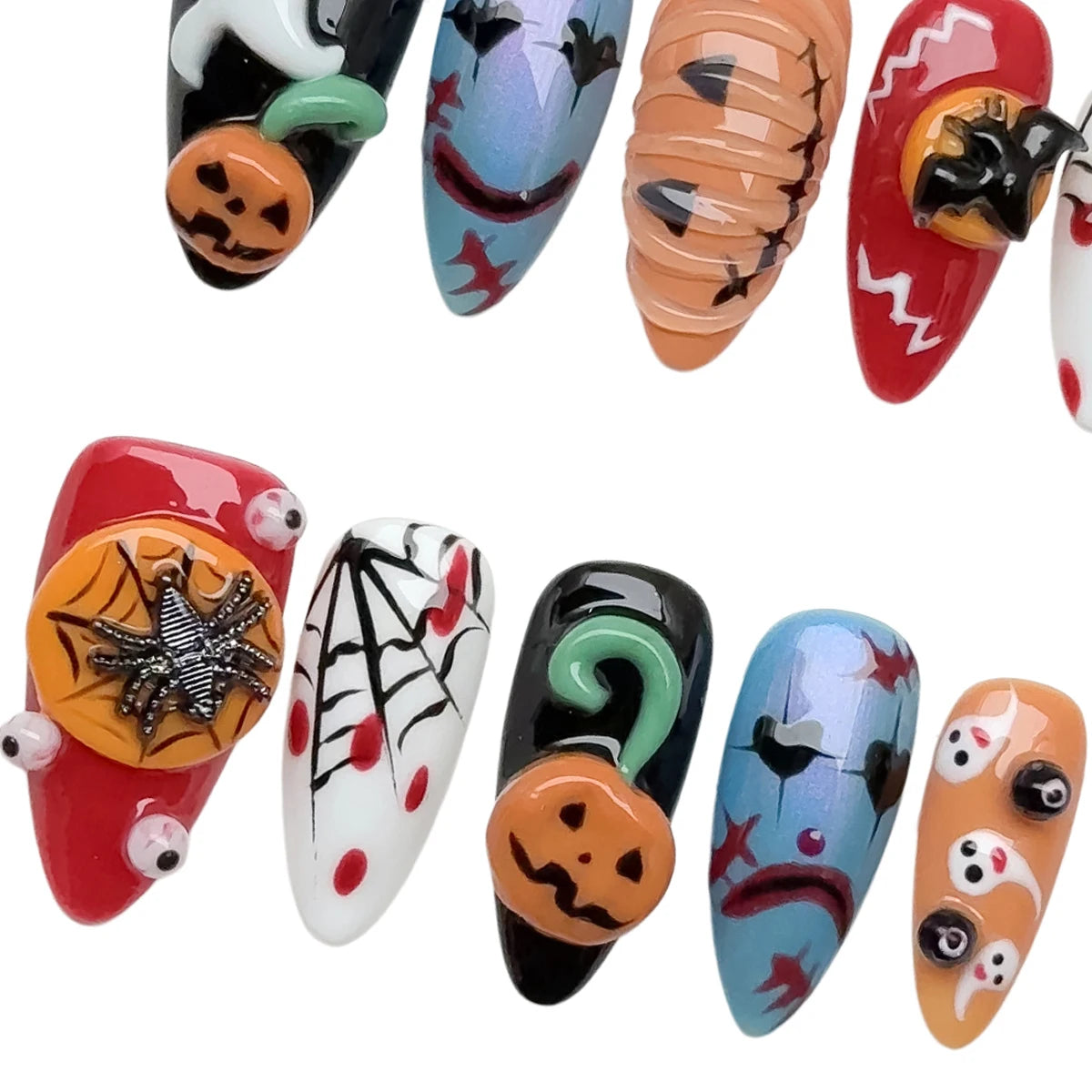 10pcs/Set Handmade Acrylic Press on Nails Mid-Length Almond Nails, Halloween Nails, 3D Pumpkin Spider Bat Ghost Fake Nails