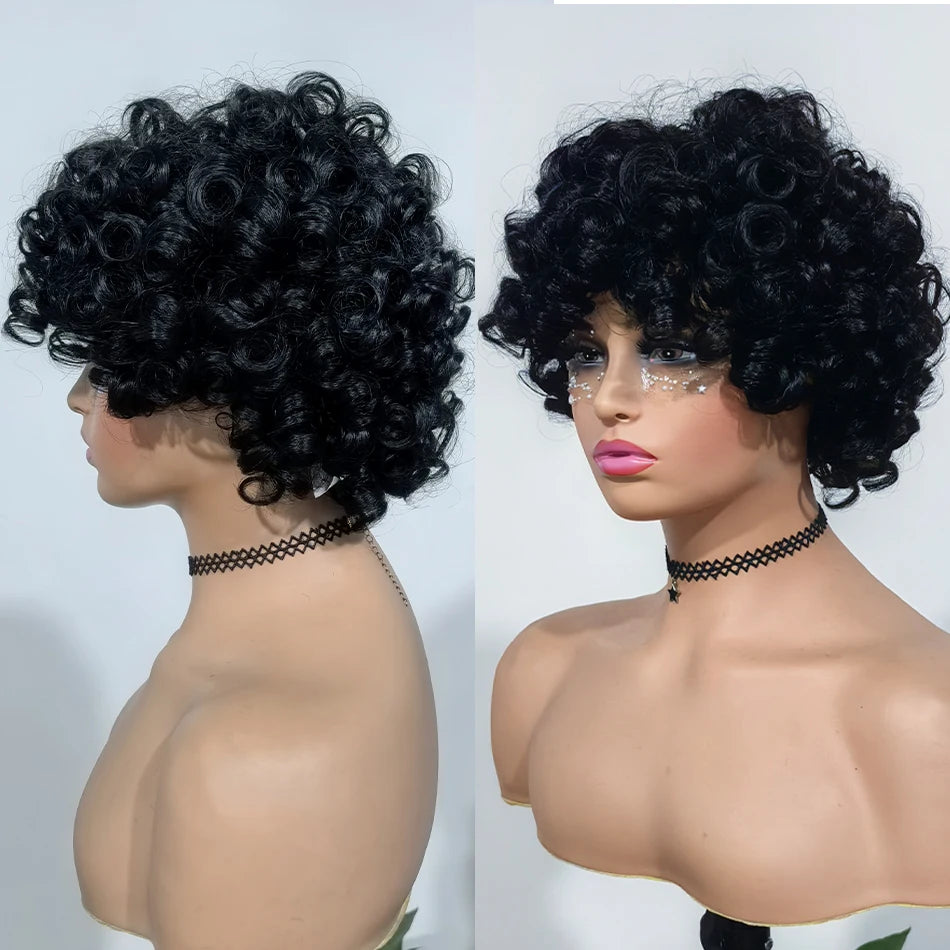 100% Brazilian Virgin Human Hair Short Curly Wigs for Black Women Non Lace Glueless Natural Black Deep Curly Wigs With Bangs