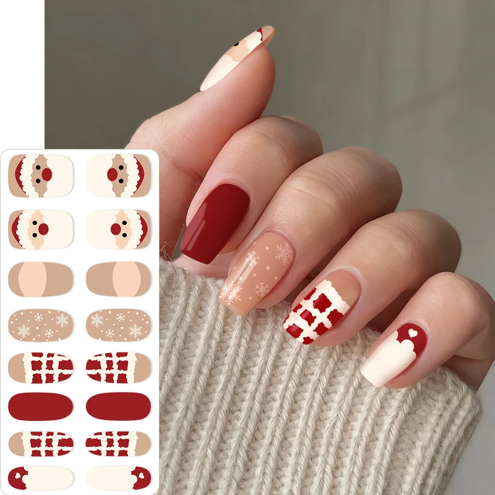 16Tips 3D Full Cover Christmas Series Nail Stickers Adhesive No Light Need Nail Art Wraps Strips Festival Manicure Polish Tips *