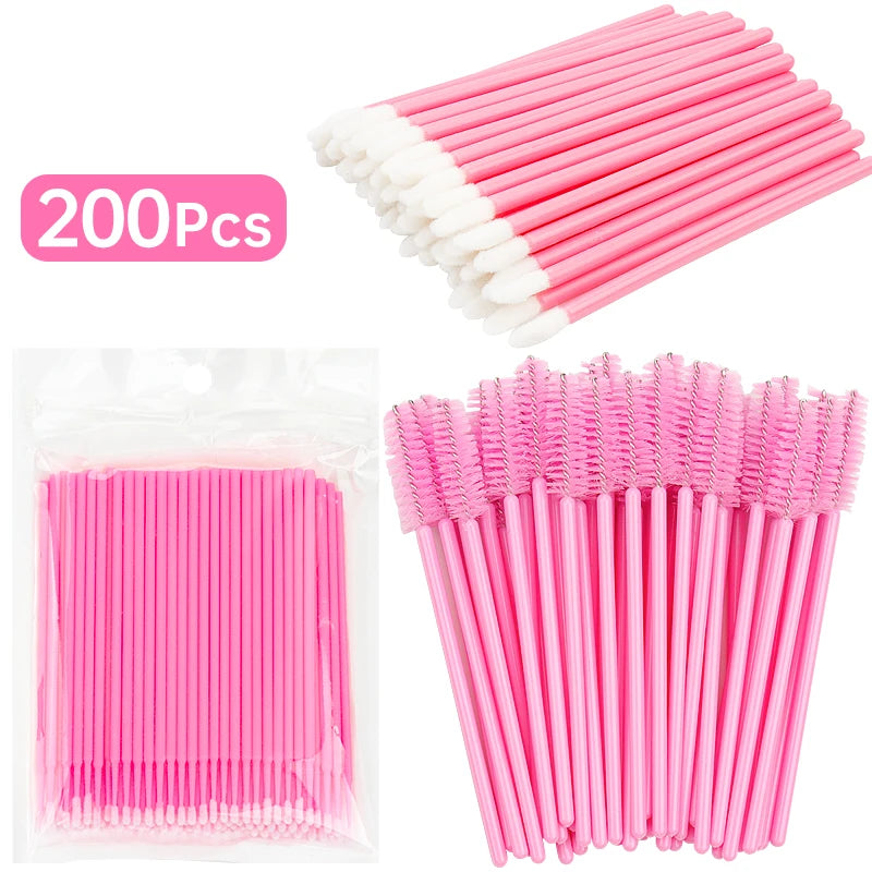 200pcs Eyelash Extension Supplies Set Disposable Lash Spoolies Brushes Eyelashes Micro Brush Mascara Wand Lipstick Applicator
