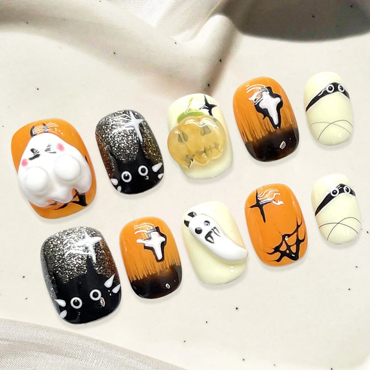 10pcs Pink Halloween Press On Nails Handmade Short Square False Nails Cute 3D Ghost Devil Heart  Bowknot Decor Fake Nail Tips
