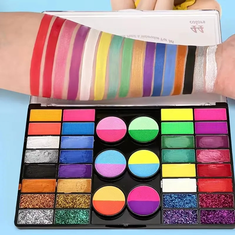 44-Colors Water-Based Face Paint Set with Glitter Makeup- Matte & Shimmer Face & Body Paint Palette Kit for Festivals Cosplaly
