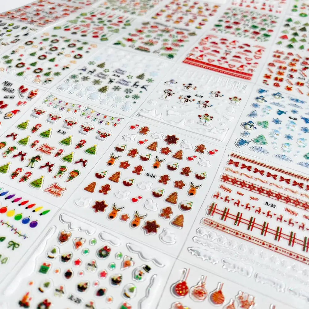 30PCS 3D Mixed Christmas Red Green Cartoon Nail Stickers Snowflake Elk  Santa Claus Snowman Glitter Nail Decals New Year Nails
