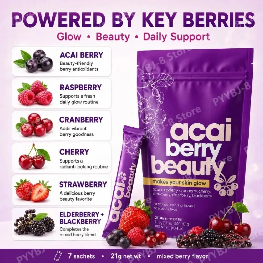 Beauty Berry Drink Powder for Daily Glow Support | Acai Raspberry Cranberry Elderberry Blend | 7 Sachets | Natural Antioxidant