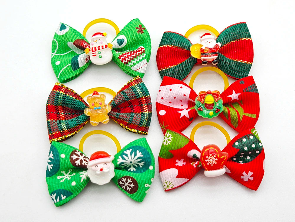 30Pcs Christmas Dog Hair Bows with Rubber Bands Santa Snowman Xmas Pet Grooming Accessories Yorkshire Puppy Holiday Party Decor