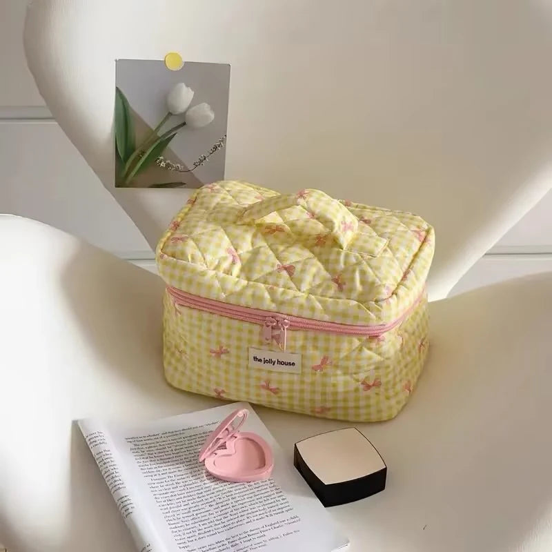 New Cartoon Bow Knot Tote Makeup Zipper Bag Women Large Capacity Quilting Pouch Washbag Cute Portable Cosmetic Storage Bag