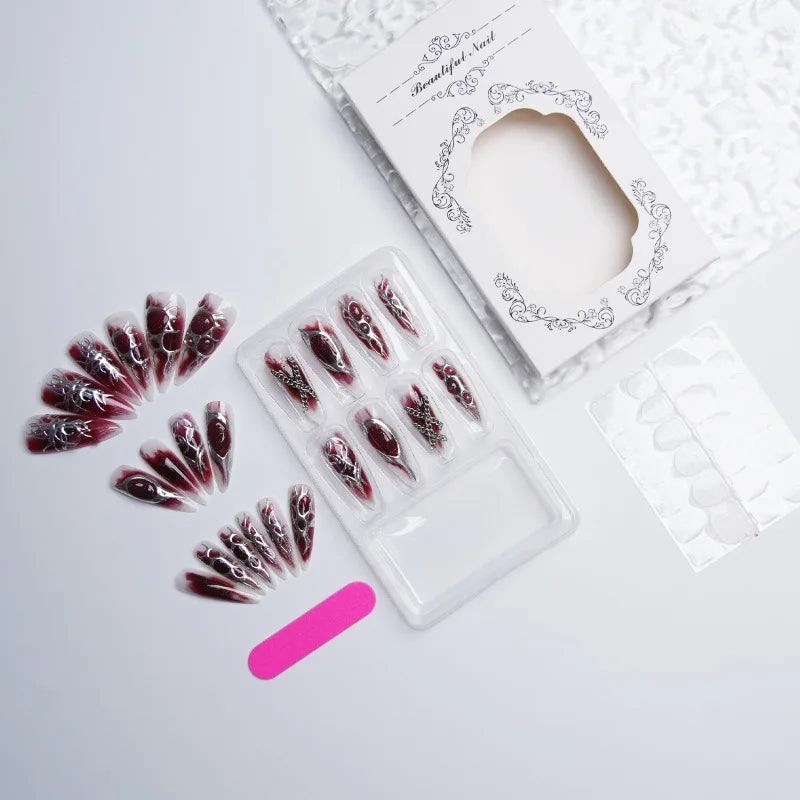 24PCS Gothic Red Smudging Long Stiletto Fake Nails 3D Metallic Silver Chain French Press on Nails Full Cover Halloween Nail Tips