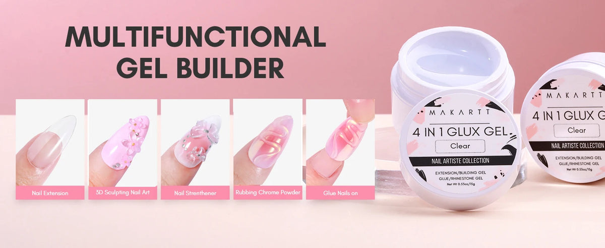 Makartt Solid Gel Builder: 4-in-1 Clear White Non-sticky for Extension 3D Sculpting Nail, UV Glue for Acrylic Tips, Rhinestones