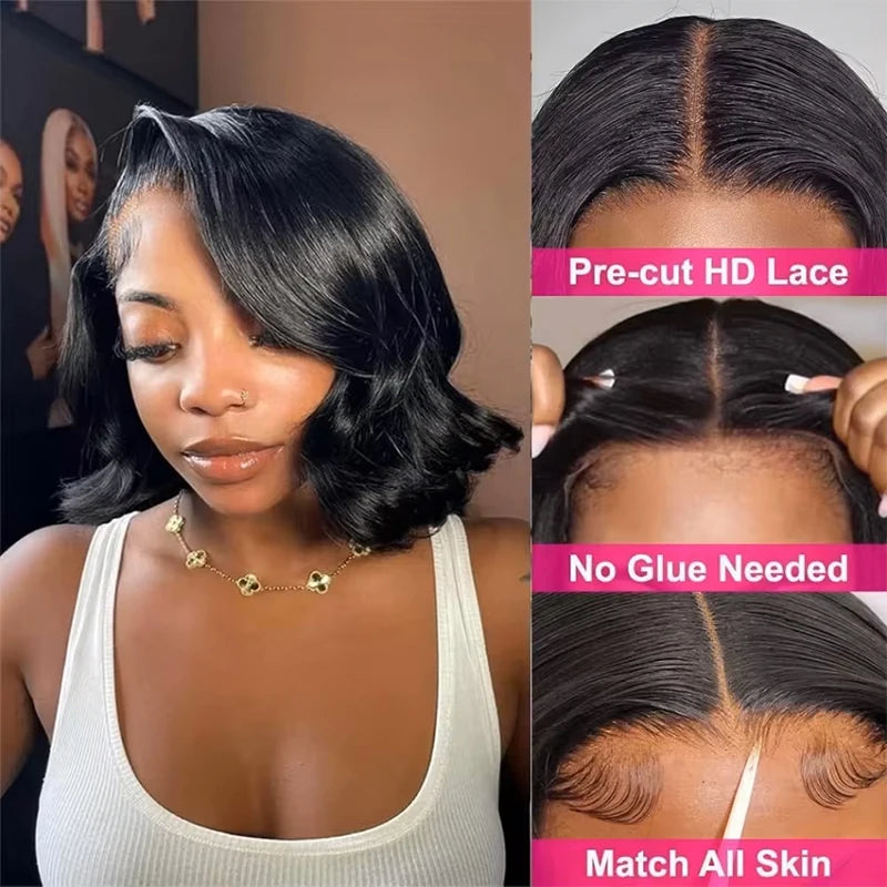 8-16 Inch Body Wave Short Bob Wig 200 Density 4x4 Lace Frontal Wig Human Hair Wigs 5x5 Glueless Wig Brazilian Black Natural Color Ready To Wear Glueless Closure Wig For Women