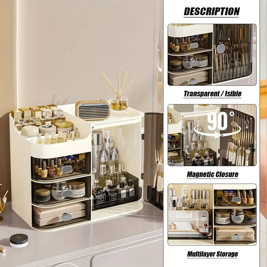 Beige Cosmetic Storage Box High Capacity Dustproof Makeup Organizer with Multi Drawers & Brush Holder for Desktop Dresser Home