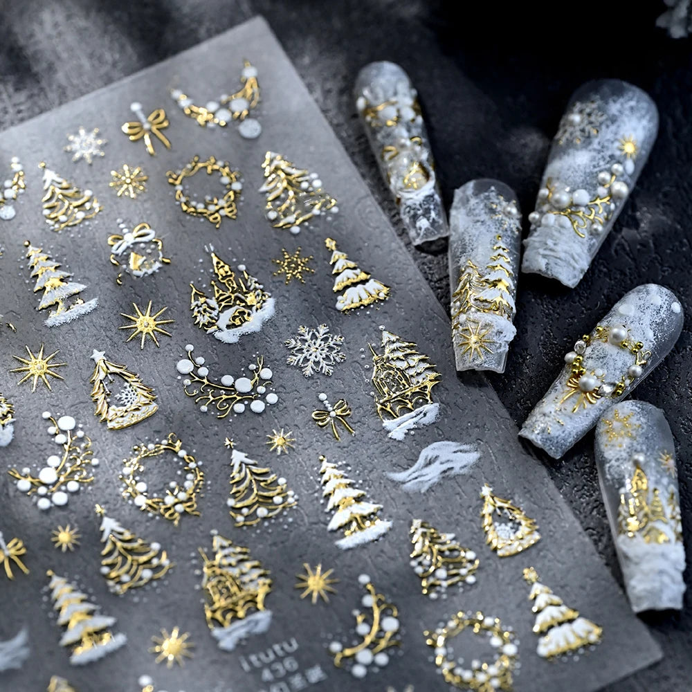 1pcs Laser Glitter Silver Purple Christmas Tree Crystal Ball Nail Sticker 5D Embossed Snowflake Christmas Nail Decals Nail Parts