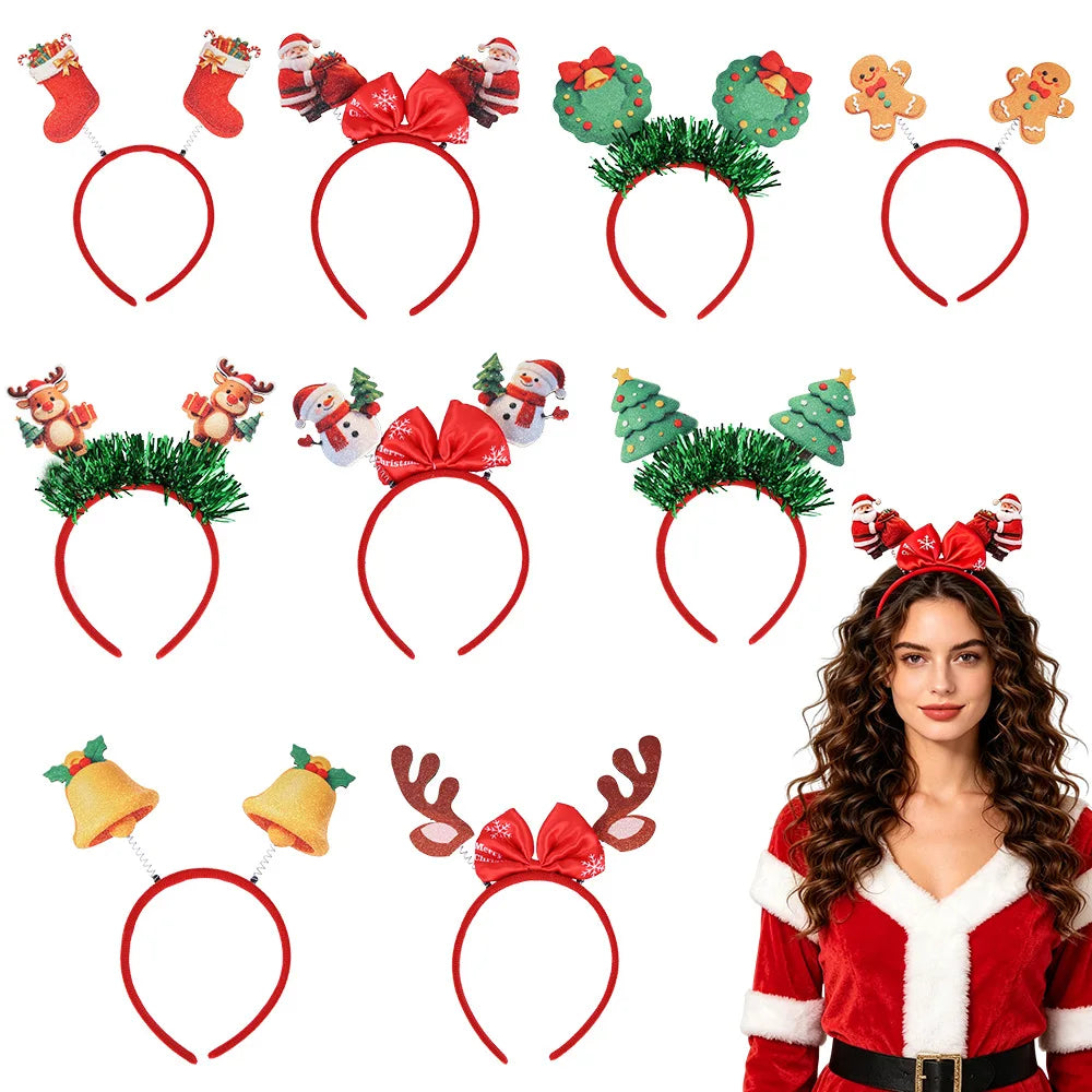 3D Flat Snowman Reindeer Christmas Headband with Antler Bow Hair Clip Festive Christmas Decoration Headwear for Parties