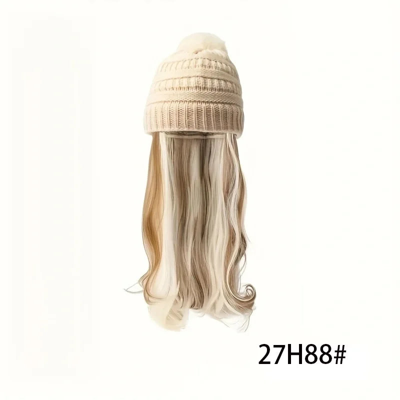 20inch Long Water Wavy Synthetic Hairpiece Beanie Hat - Woven Wigs with Knit Pom Cap and Warm Winter Design - Soft, Detachable,