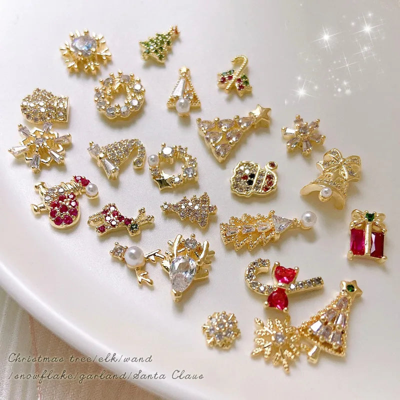 2pcs Christmas Nail Zircon Charms Luxury Snowflake Snowman Elk Small Bell Tree Nail Gem Ornament New Year Nail Art Accessories
