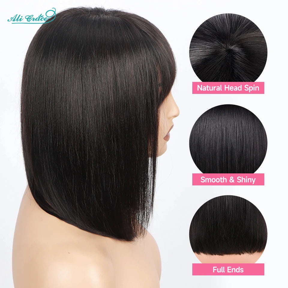 Ali Grace Straight Bob Human Hair Wigs With Bang Natural Color Full Machine Made Wigs 180% Density Brazilian Remy Hair Bob Wigs