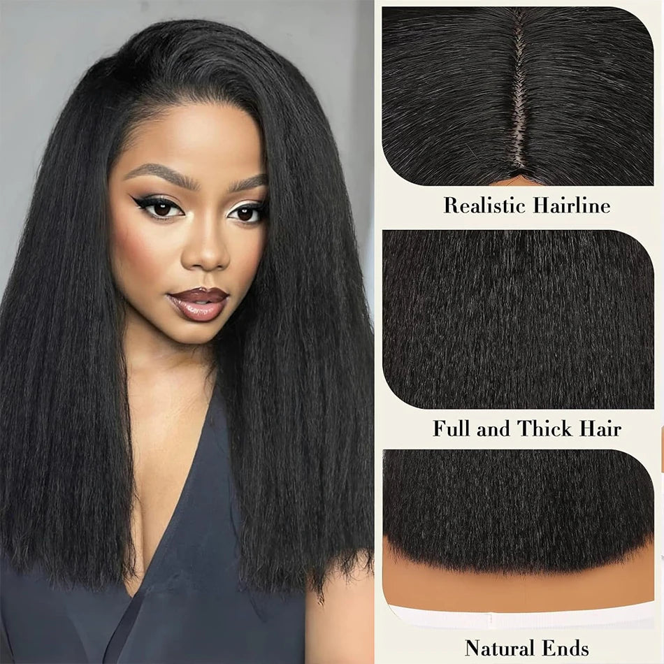 100% Human Hair Bob Yaki Straight Glueless HD Lace Closure Wigs 4C Precut Kinky Straight 5x5 Lace Wig With Drawstring PrePlucked