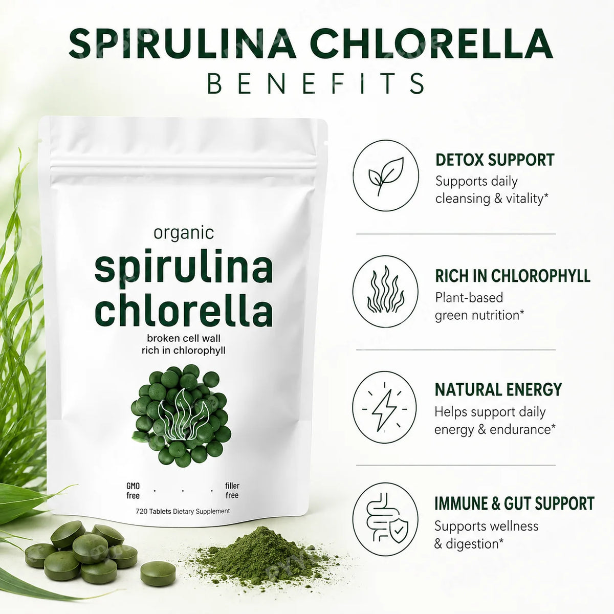 Organic Spirulina Chlorella Tablets 3000mg 720 Count Superfood Blend with Vegan Protein Energy Immunity Digestive Support