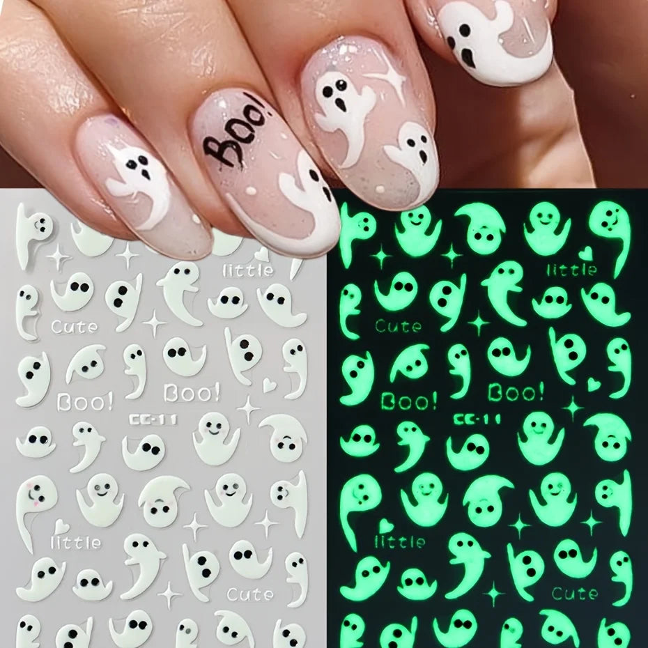 Halloween Nail Stickers - 3D Glow in Dark Cute Ghost Design Luminous Self Adhesive Nail Decals for Halloween