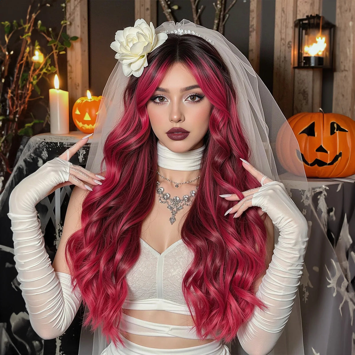 Halloween Long Curly Dragon Fruit Pink Synthetic Wavy Wig Medium Part Water Wave Wigs For Women Daily Cosplay Colorful Fake Hair