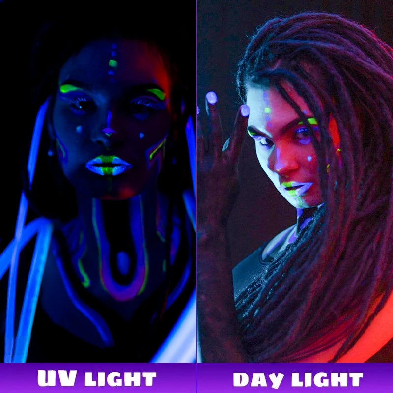 10ml 8 Colors UV Blacklight Face Paint with tattoo stickers，Fluorescent Neon Body Paints,Washable Quicker, Mardi Gras Halloween