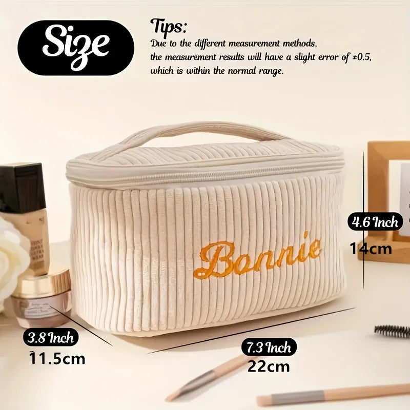 Corduroy Makeup Bag Large Capacity Travel Cosmetic Case Personalized Name Embroidery Toiletry Bag Women Portable Organizer