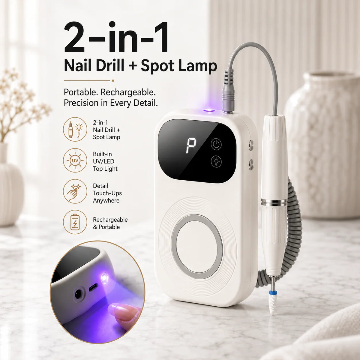 2-in-1 Rechargeable Nail Drill & Uv Led Lamp, 50-Speed Digital Portable E-File for Gel Acrylic Nails, Home Salon Christmas Gift