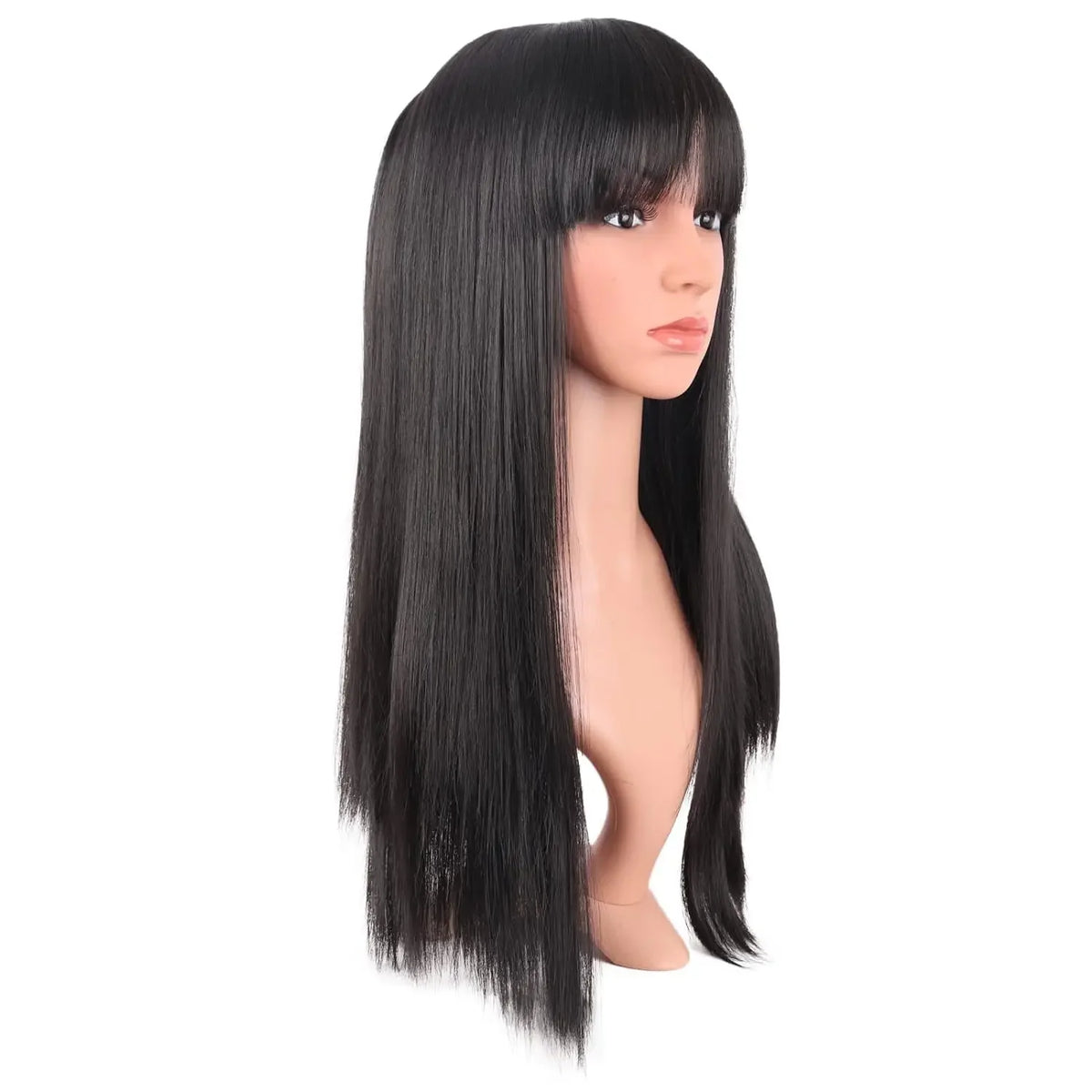 Women Long Straight with Flat Bangs Synthetic Hair Heat Resistant Fiber Hair for Party Cosplay Wig Black Wigs Women