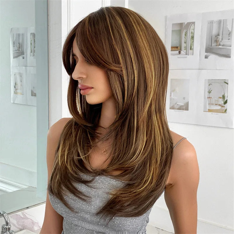 Fashion new synthetic fiber wig for women brown highlights medium long curly high temperature silk full head cover