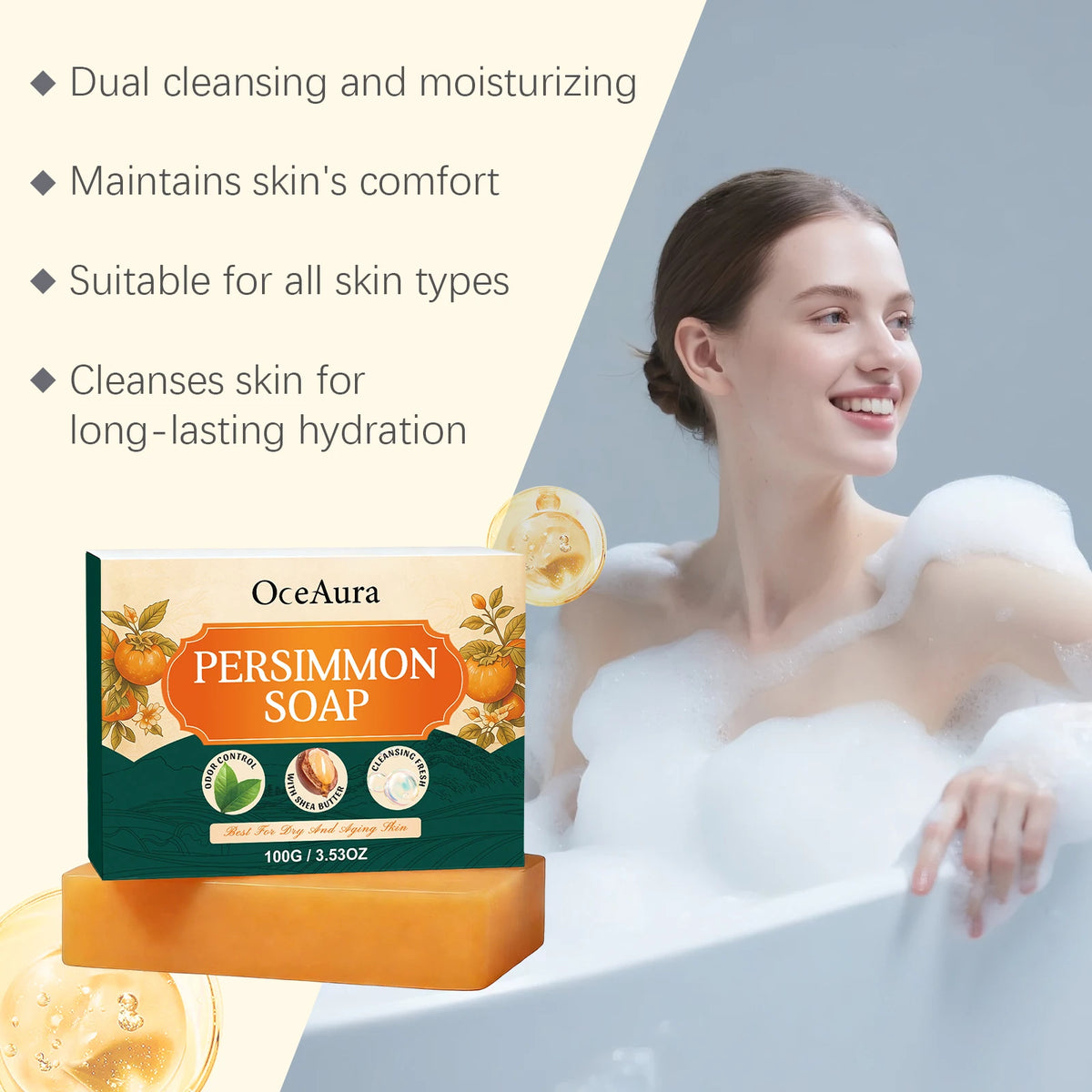 OceAura Persimmon Soap Bar Gentle Body Cleanser Moisturizing Nourishing Refreshing Smooth Skin Daily Bath