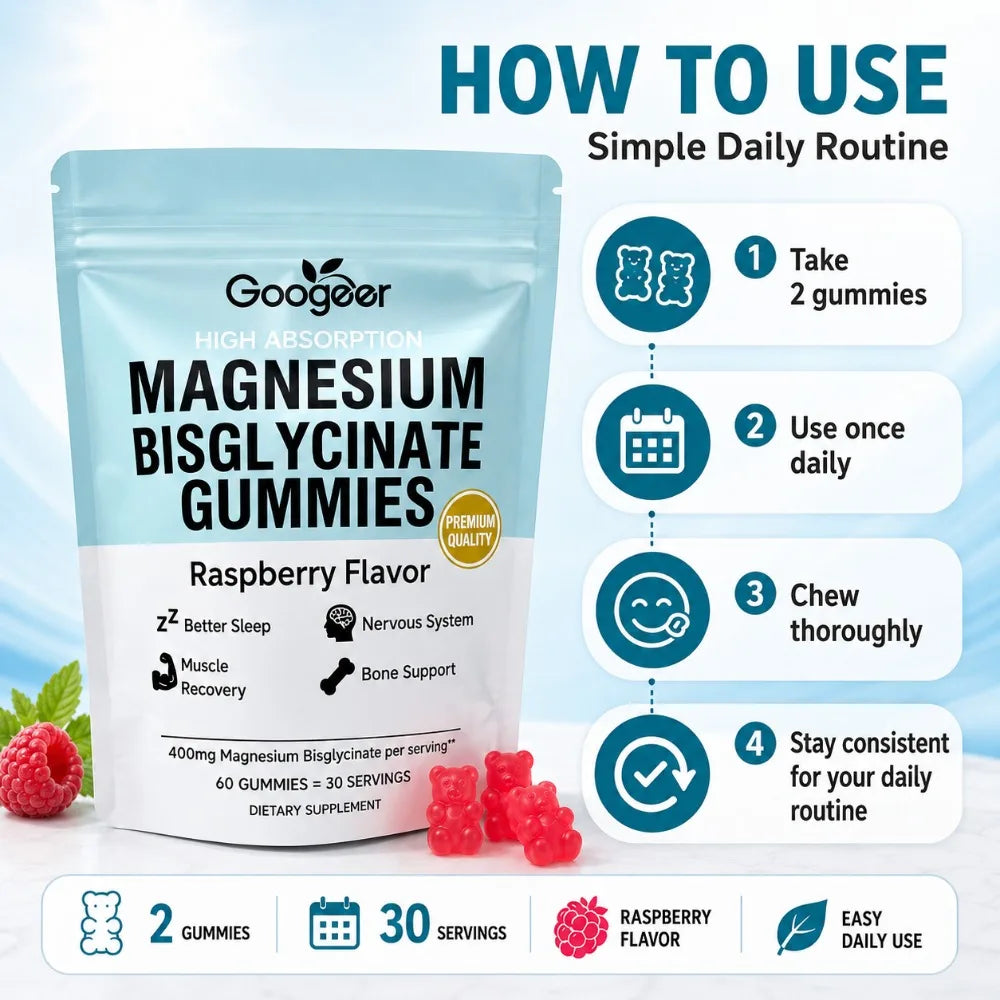 Magnesium Bisglycinate Gummies Raspberry Flavor, 400mg Magnesium, Vitamin D3 Zinc, High Absorption, 60 Count Daily Supplement