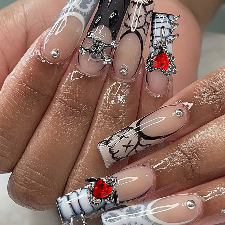12 Grids Gothic Nail Charms Skull Cross Snake 3D Metal Nail Ornaments with Red Rhinestones Halloween Dark Style Nail Art Decor for Salon Home DIY Manicure