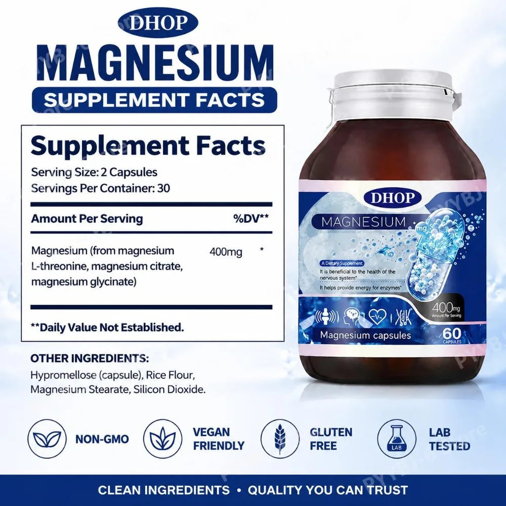 DHOP Magnesium Capsules 400mg 60 Count Bone Health Muscle Function Sleep Wellness Nervous System Support Supplement for Adults