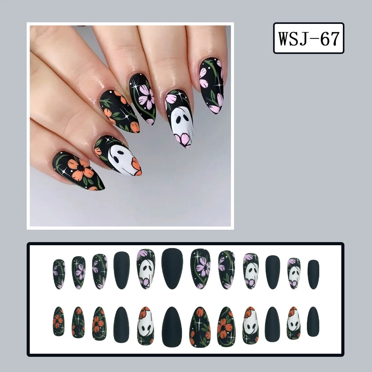 24pcs Gothic Punk Fake Nail Tips Black Ant Centipede Print Coffin Head Press on Nails Wearable European Halloween  False Nails