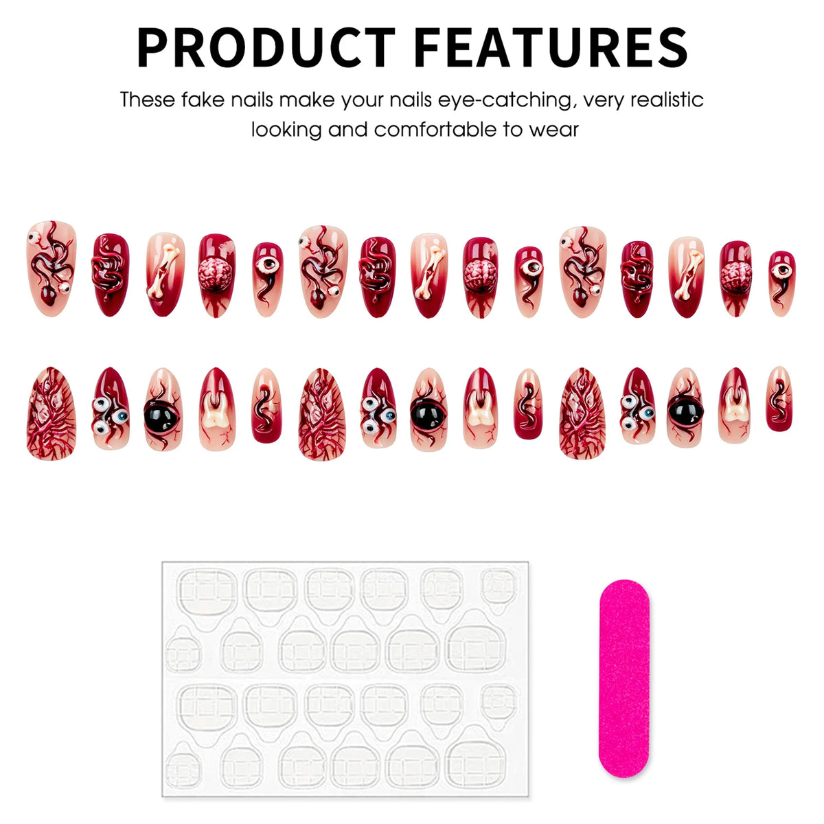 30pcs Bloody Red French Style Fake Nails Spooky 3d Eyeballs Tooth Vascellum Decor Press On Nails Horror Halloween False Nail