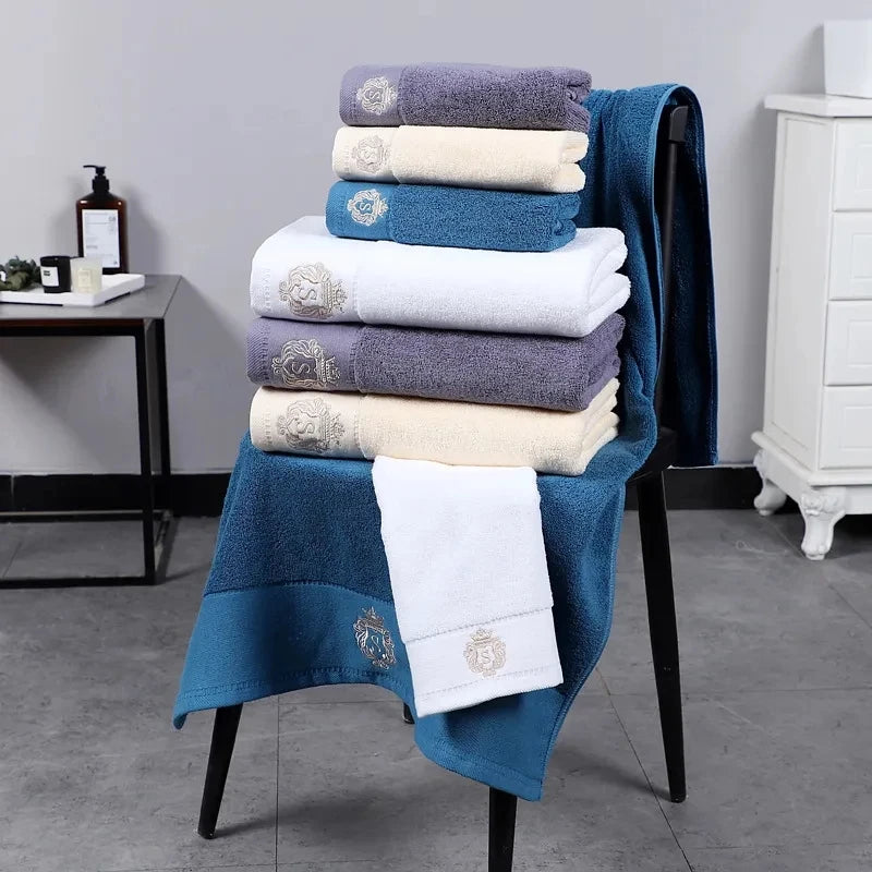 Cotton Towel Set 1/2/3PCS 34x74cm Face Hand Hair Towels & 70x140cm Big Bath Towel Cover - Absorbent Home Towels White Blue Cream