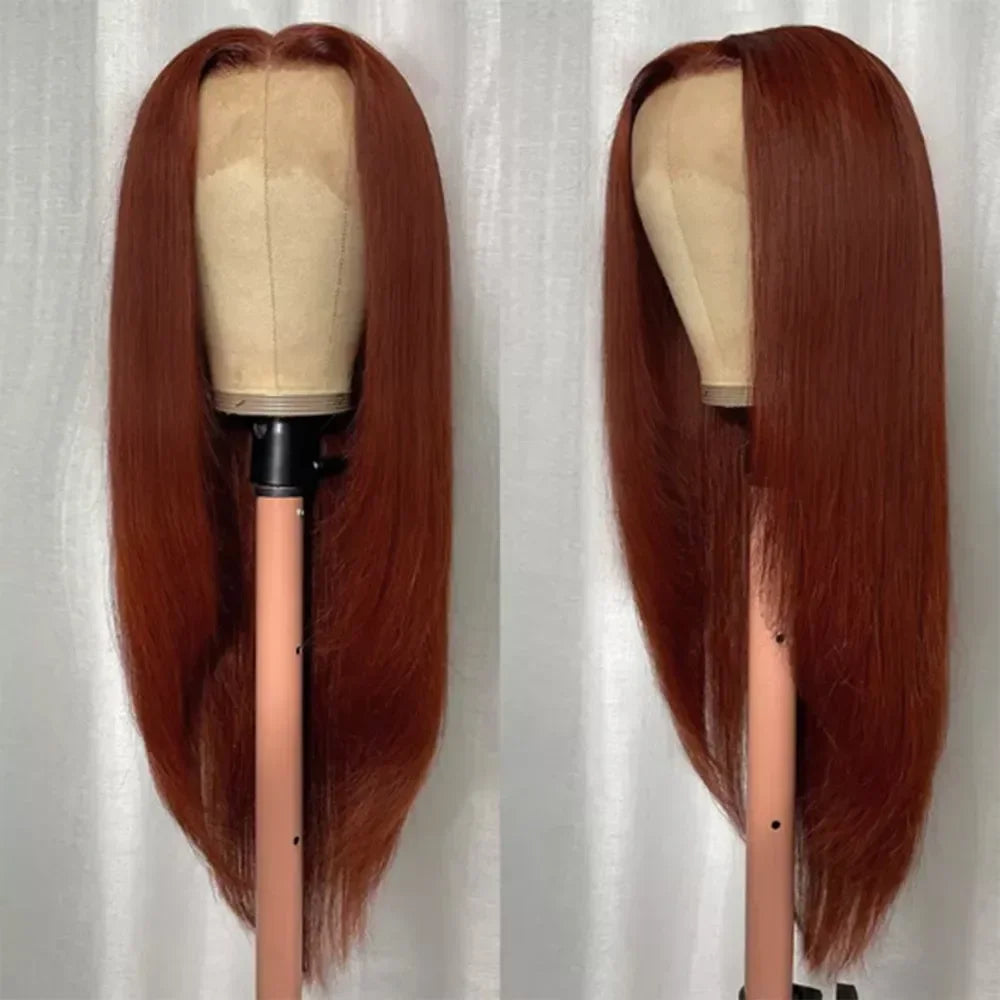 HD Straight Lace Front Wig Layered Wigs Reddish Brown Layered Cut Lace Wigs Copper Red Synthetic Butterfly Haircut Glueless Wigs