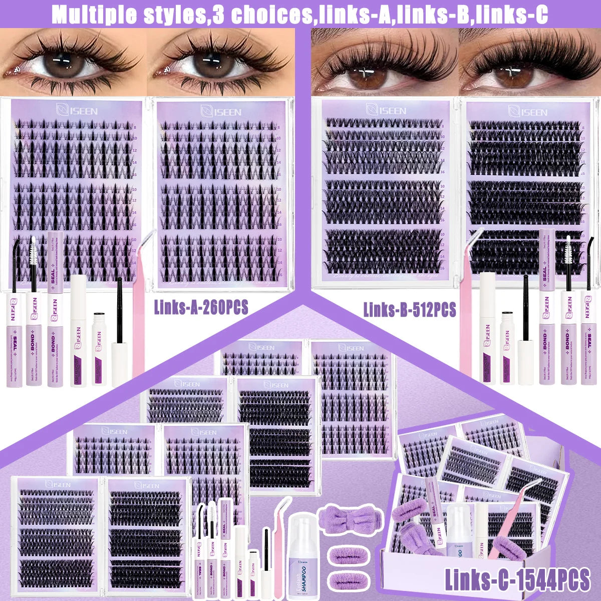 Eyelash Clusters Kit Large Capacity Mix Styles Wispy Individual Lashes Natural DIY Eyelash Extensions With Bond&Seal Tweezer