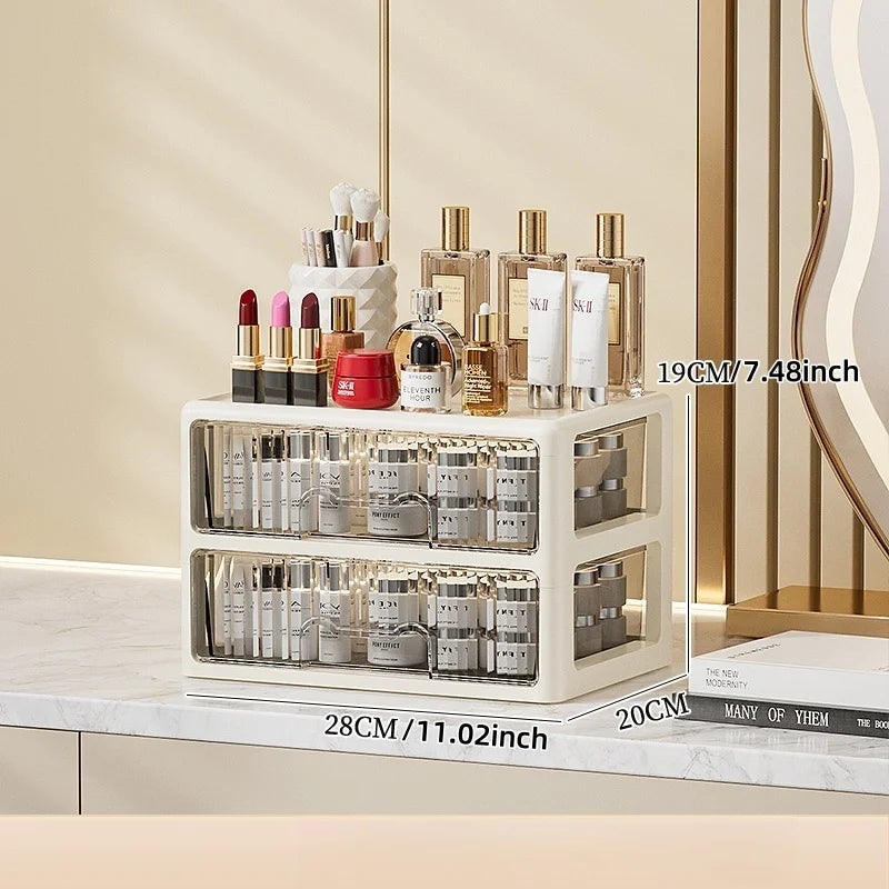 Cream Color Cosmetics Box,Multi-compartment Lipstick/Mask Organizer,Drawer Dresser for Skincare/Makeup Brushes,1–4 tiers