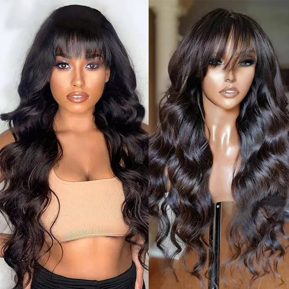 Body Wave Wigs With Bangs Put on go Wigs Human Hair 26inch Glueless Human Hair Wigs Natural Wave Bang Wigs Beginner Friendly