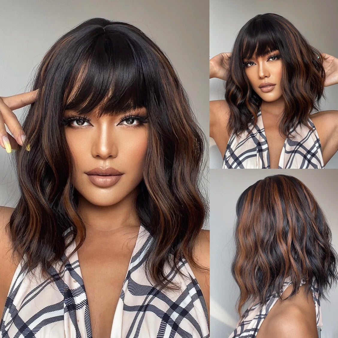 EASIHAIR Short White Bob Synthetic Wigs Short Wavy Lolita Natural Hair Wigs with Bangs for Women Heat Resistant Cosplay Wig