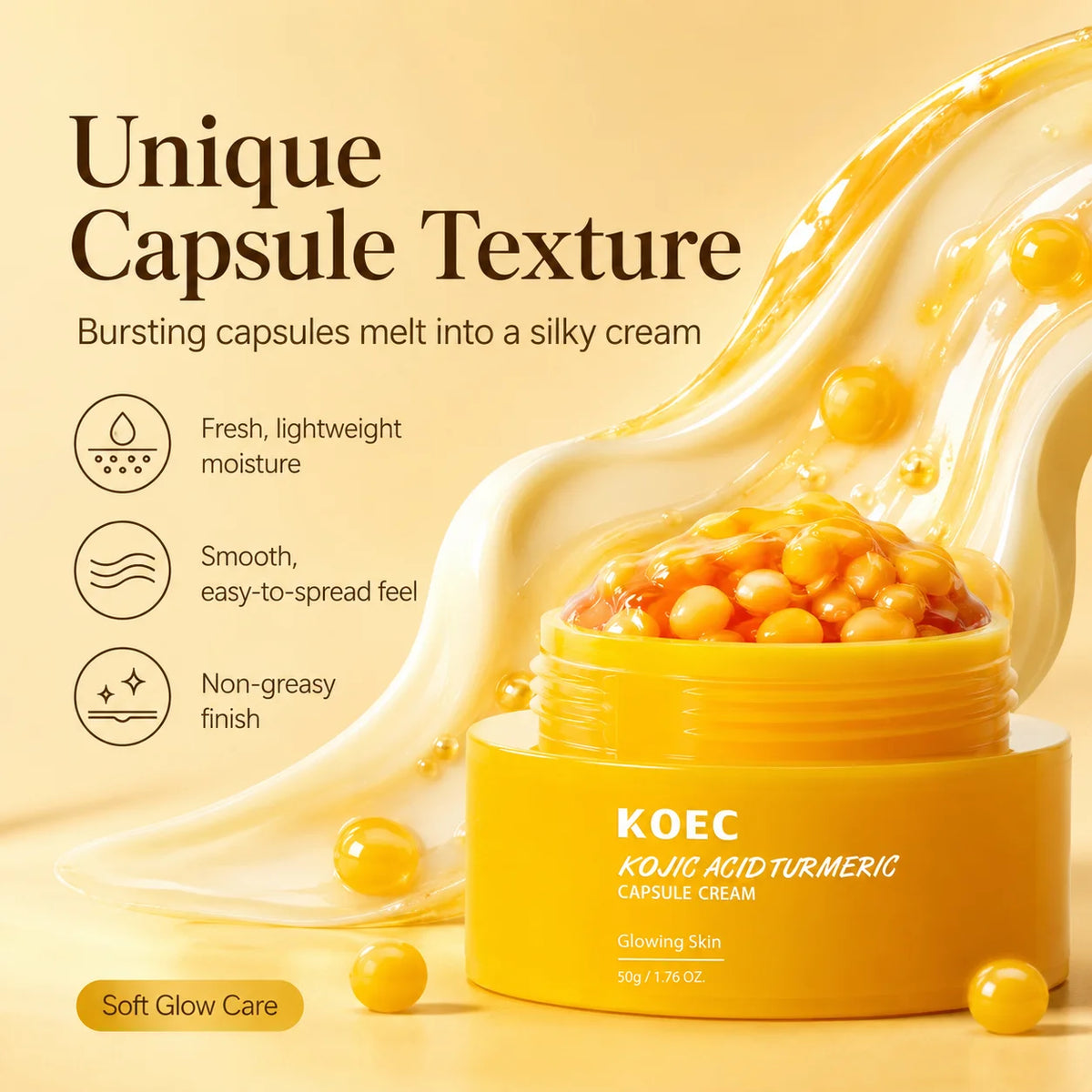Kojic Acid Turmeric Capsule Cream with Niacinamide & Squalane, Skincare Kojic Acid Face Cream for Even Skin Tone & Glow Firming, Hydrating Capsule Cream, 50g/1.76oz