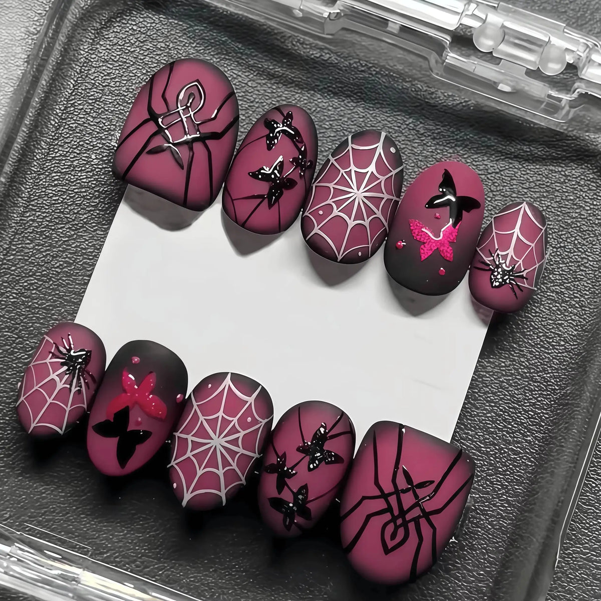 10 Pieces of Handmade Full-Cover Nail Tips, Medium-Length, Matte Rose Red and Black Pink, Dark Y2K Style, Suitable for Women and Girls, for Halloween, Livehouse, Trendy Outings, Perfect as a Gift, Includes 1 Jelly Glue and 1