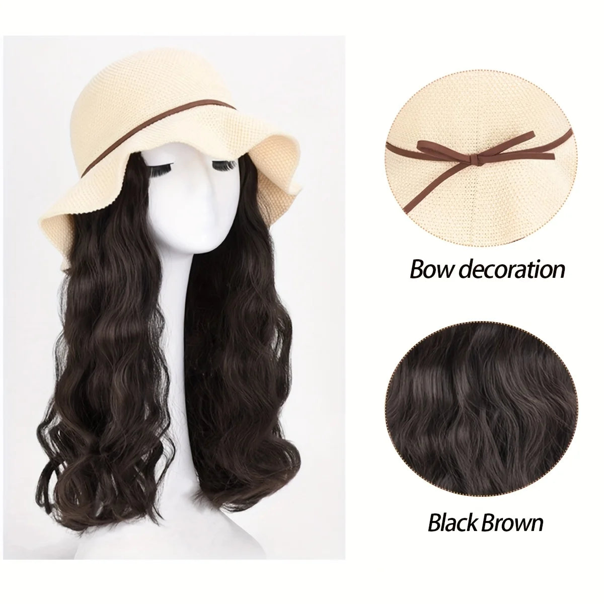 Synthetic Long Curly Wave Hair Women's Summer Sun Hat Wig - Breathable Bow Ribbon Fisherman Hat Wig hat wig in one