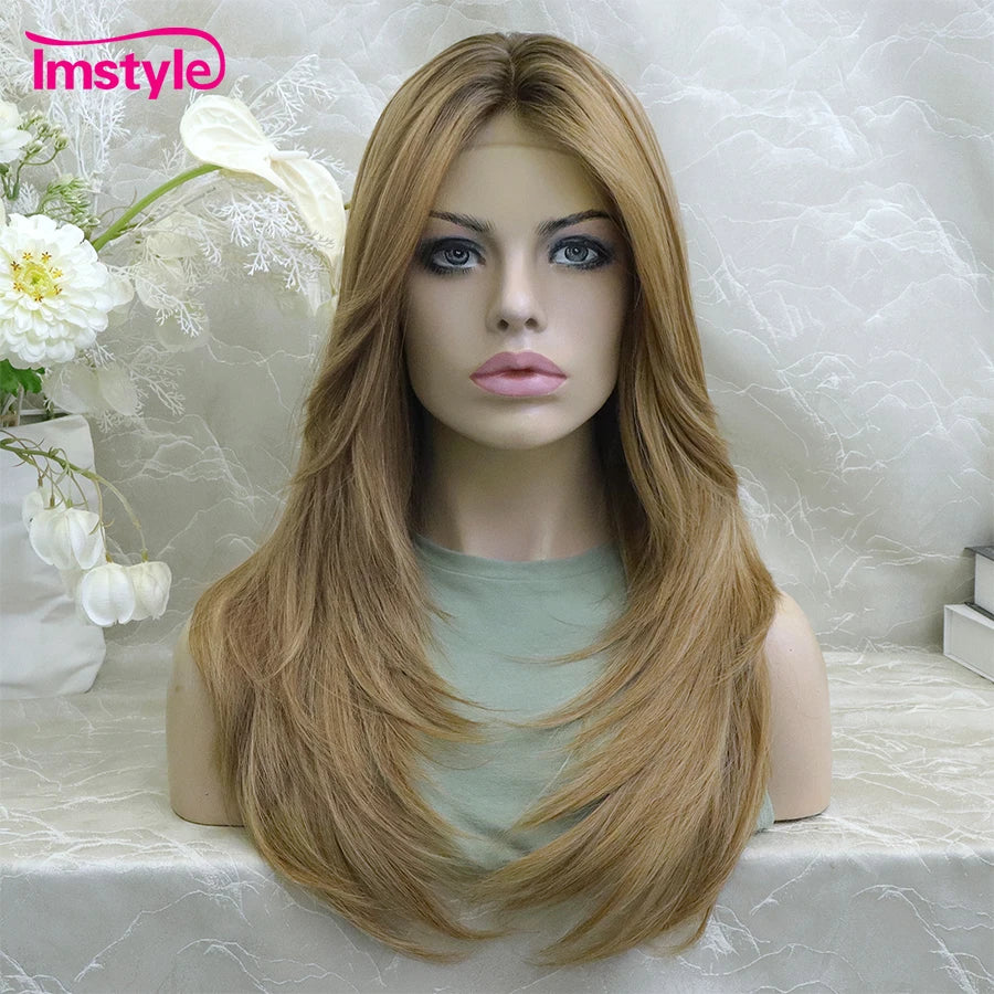 Imstyle Brown Wig Syntehtic Lace Front Wig Dark Root T Part Lace Wig Layered Straight Hair Daily Use Wigs For Women