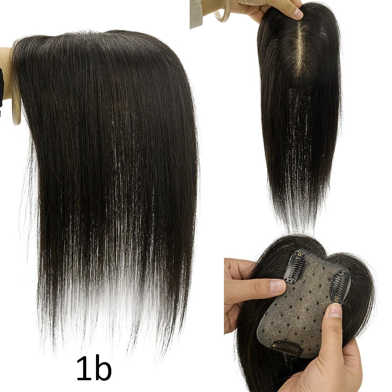Silk Base Women Toupee Indian Human Hair Wigs Straight Clips in Human Hair Extension 7x11cm Real Human Hairpiece Natural Topper