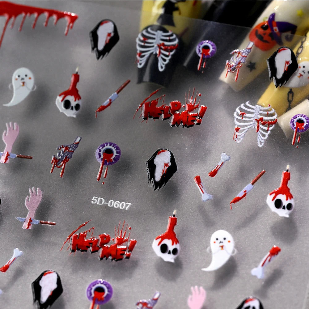 1sheet Bleeding Scars Skeleton Halloween Nail Stickers Ghost Face Pumpkin Eyeball Horrible Nail Decals Halloween Manicure Slider